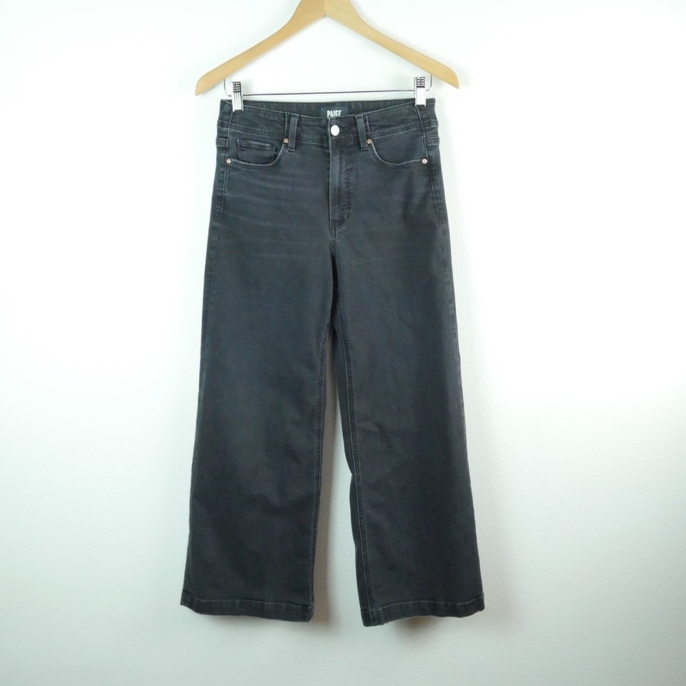 Paige Anessa High Rise Wide Leg Jeans Black Faded Cropped 26 Distressed Pockets